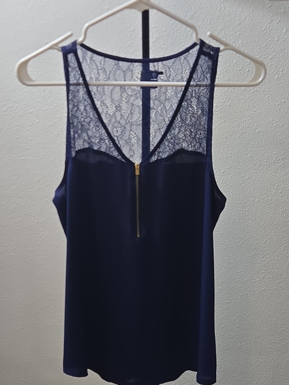 Express Navy Blue Lace Yoke Sleeveless Top with Gold Zip